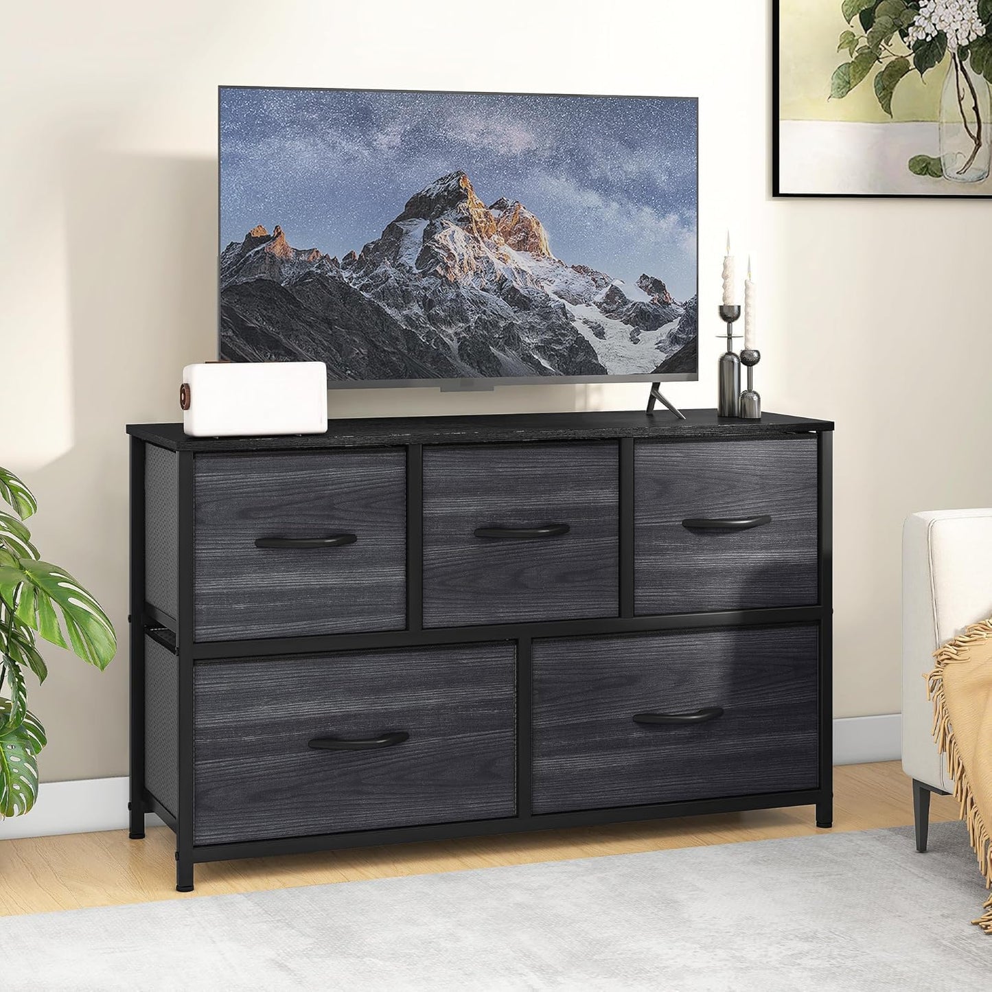 DWVO Chest of Drawers, 5 Fabric Drawers Bedroom Cabinet,Dresser for Bedroom,Living Room With Handles,Wood Top and Sturdy Steel Frame,Charcoal Black