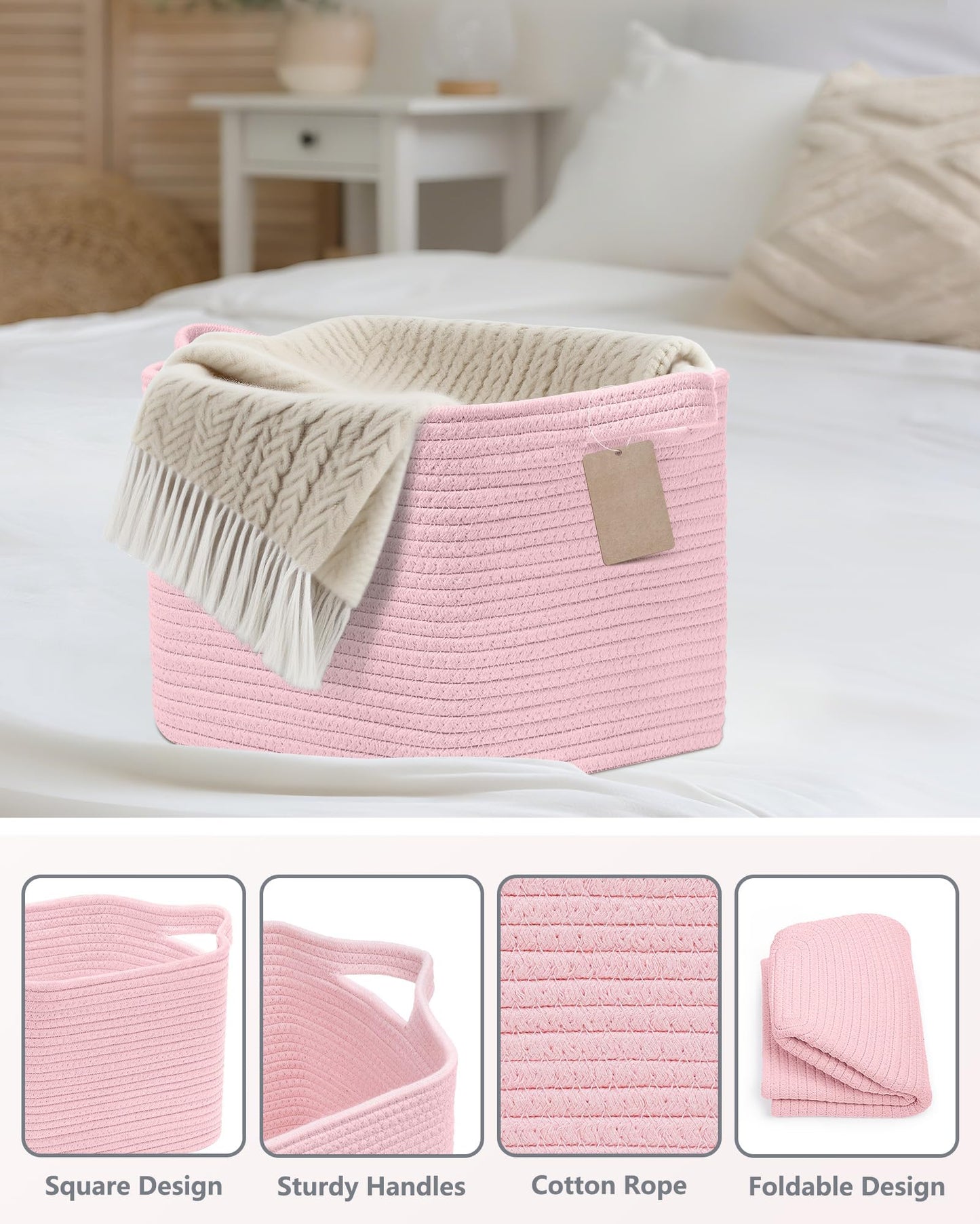 JOJOSEE Small Cotton Rope Woven Storage Basket for Shelves, Pink