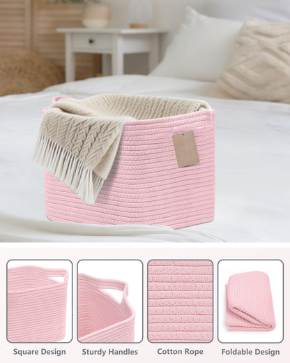 JOJOSEE Small Cotton Woven Storage Basket for Shelves, Pink, 3PCS