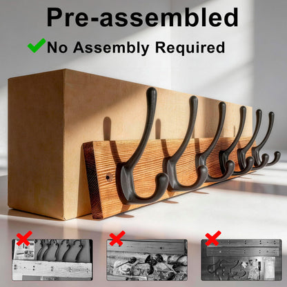 HONSKY Wall Coat Rack - 6 Double Hooks (44cm) | Wooden & Metal Towel/Coat Hanger for Entryway, Bathroom, Bedroom, Garage
