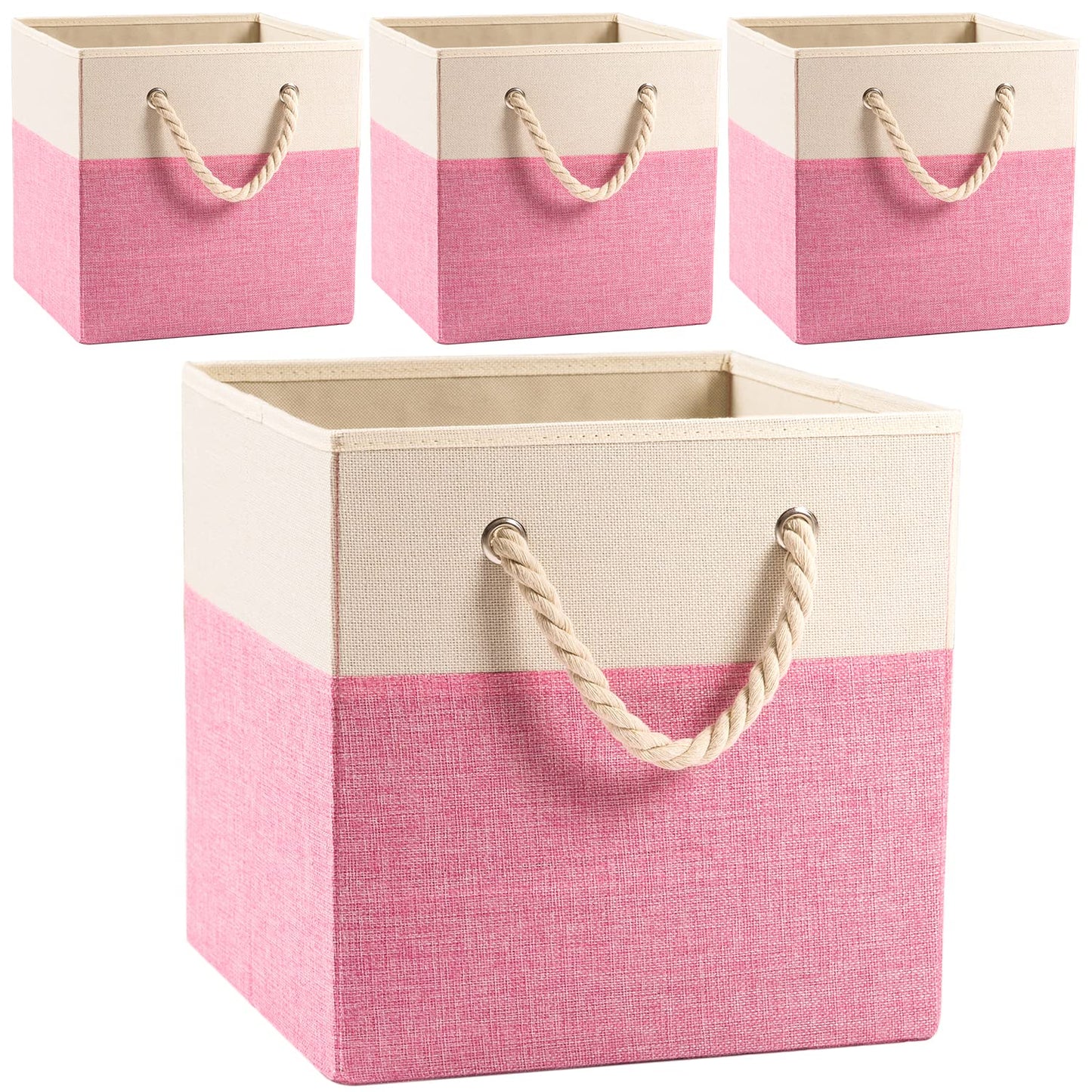 Prandom Large Foldable Cube Storage Bins 33x33x33cm [4-Pack] Fabric Linen Storage Baskets Cubes Drawer with Cotton Handles Organizer for Shelves