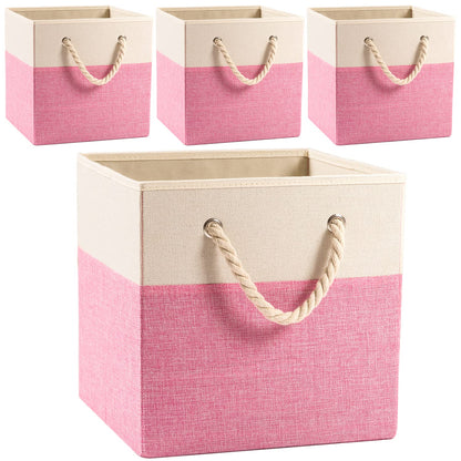 Prandom Large Foldable Cube Storage Bins 33x33x33cm [4-Pack] Fabric Linen Storage Baskets Cubes Drawer with Cotton Handles Organizer for Shelves