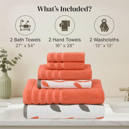 Amrapur Pacific Coast Textiles 6 Pc Yarn Dyed Towel Organic Vines Coral, 6-Piece