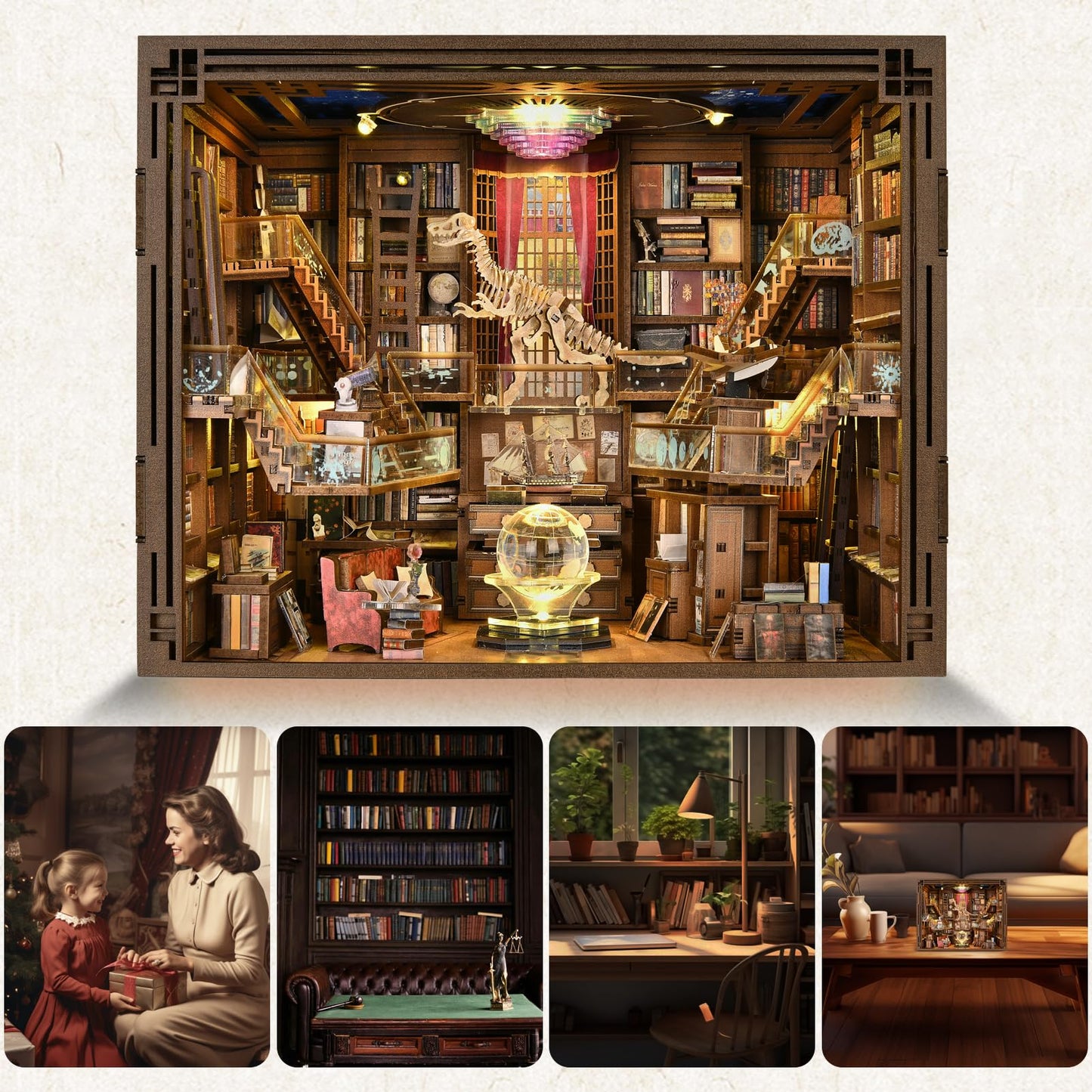 Minicity Book Nook Kit, DIY Miniature Dollhouse Booknook Kit, 3D Wooden Puzzle Bookend Bookshelf Insert Decor with LED Light for Teens and