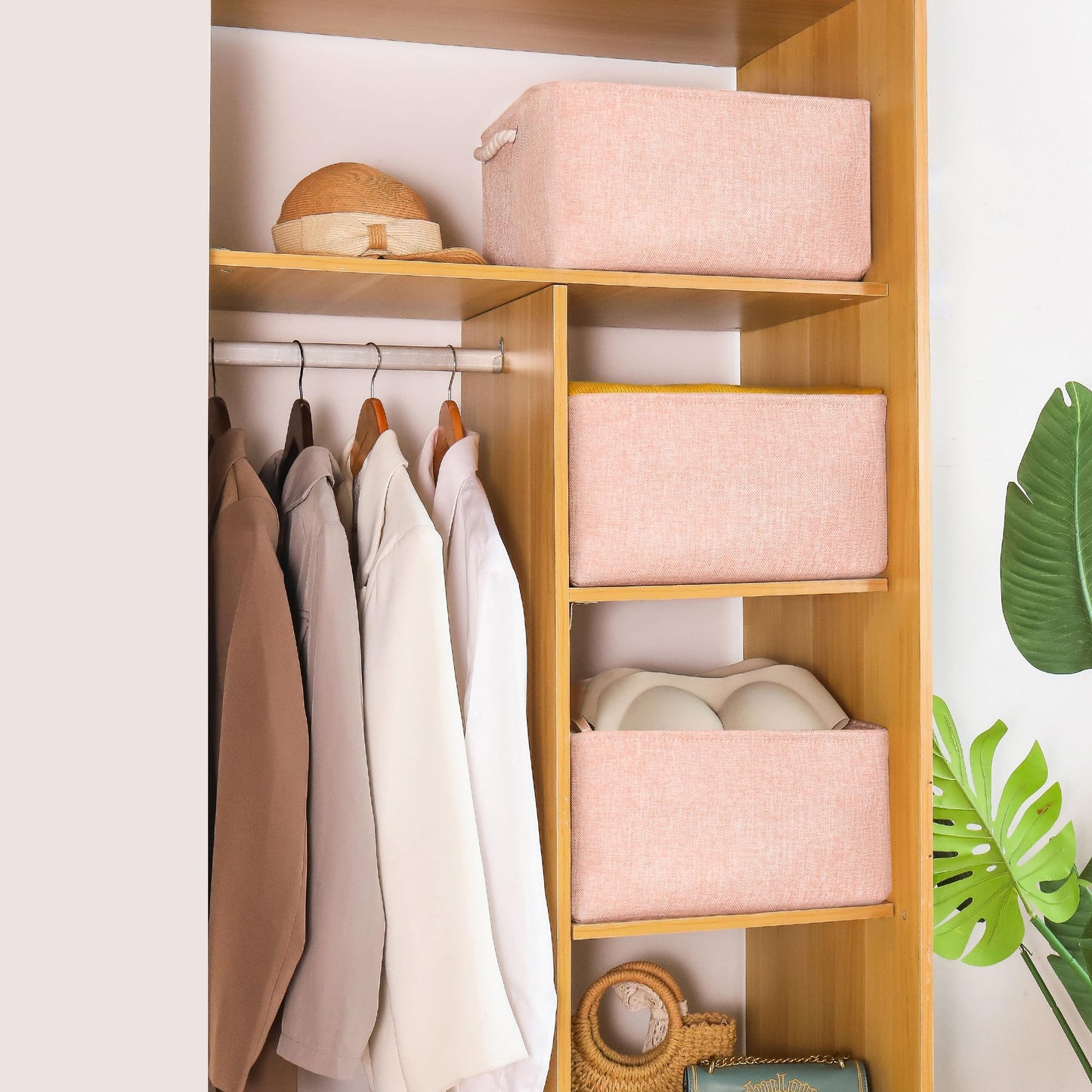 JUNLAI 3 Pcs Storage Baskets with Handles, Foldable Small Pink Storage Boxes, Fabric Wardrobe Storage Basket for Office & Home, Book, Clothes