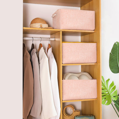 JUNLAI 3 Pcs Storage Baskets with Handles, Foldable Small Pink Storage Boxes, Fabric Wardrobe Storage Basket for Office & Home, Book, Clothes