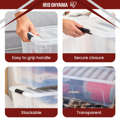 Iris Ohyama, Large Plastic Storage Boxes with Lids, 80L, Set of 4, Clear, Latching Buckles with Handles, Stackable, Nesting, Strong & Durable