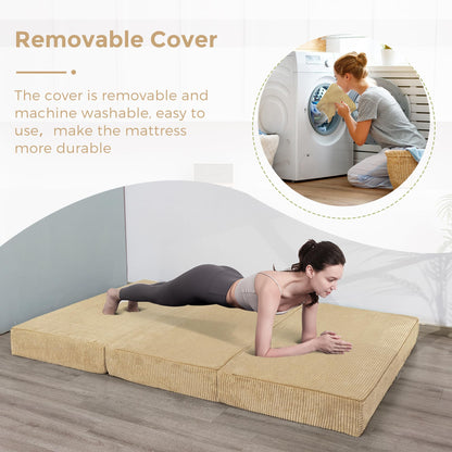MAXYOYO Folding Corduroy Mattress, Tri Fold Floor Mattress 10cm thick with Washable Cover,Foldable in Three,Space-Saving for Guest (Camel, Double)