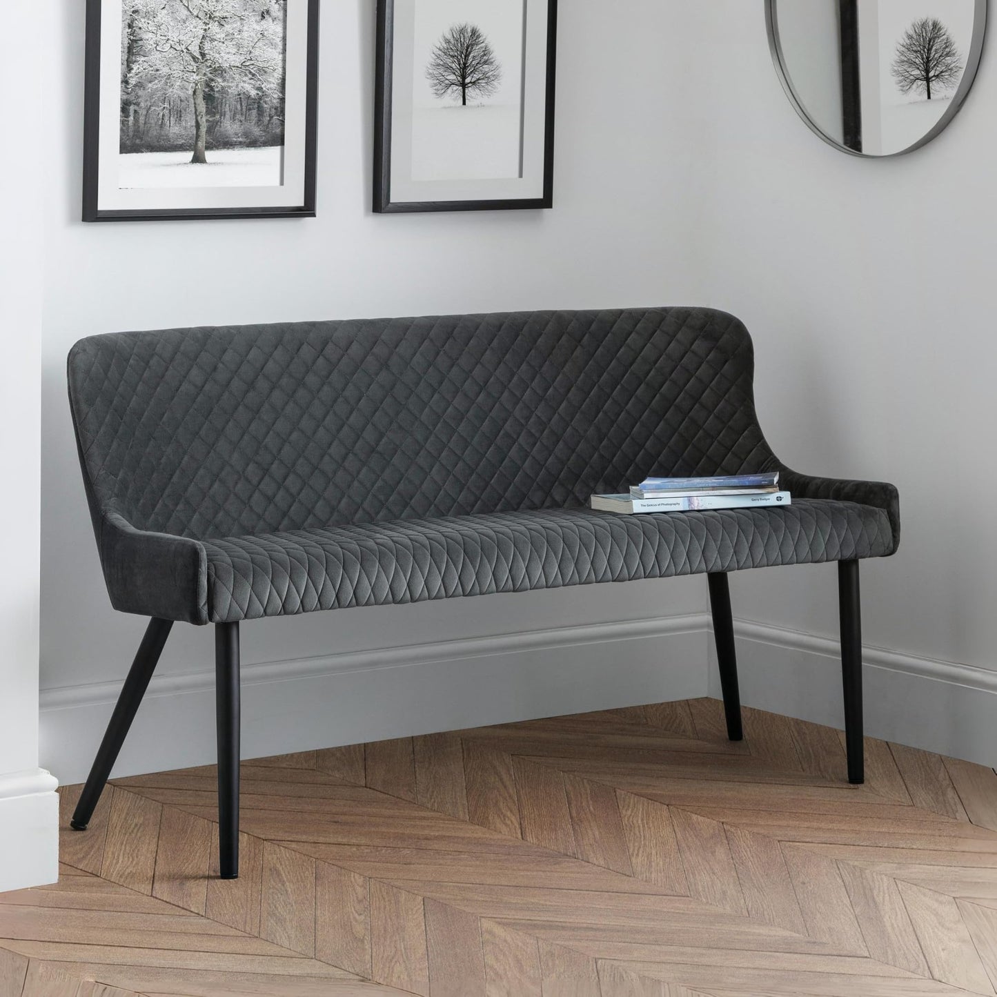 Julian Bowen Luxe Dining Bench for 2, High Back, Velvet, Grey - H82xW143cm