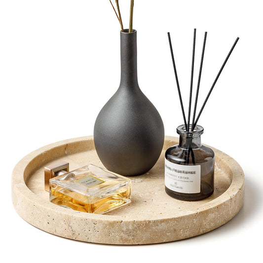 WORHE Vanity Tray for Bathroom, Dresser, Counter, Home Decor Travertine Round Decorative Tray for Candles, Perfumes, Jewelry, Plants Natural Stone