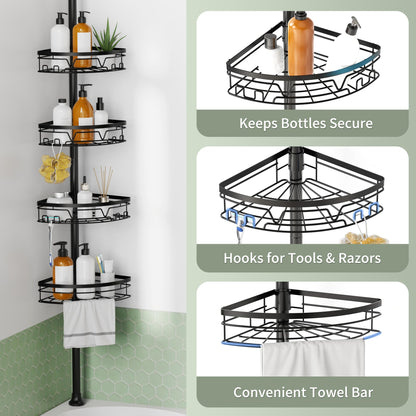 KEGII Telescopic Shower Caddy Corner - Black Shower Shelf with Towel Bar