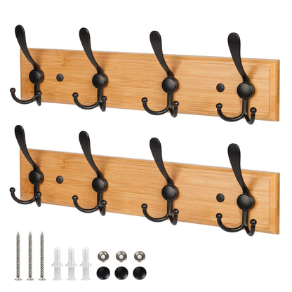 GlazieVault Bamboo Coat Hooks for Wall - Stainless Steel Coat Racks (2 Pack) - Heavy Duty Wooden Coat Hook Wall Mounted