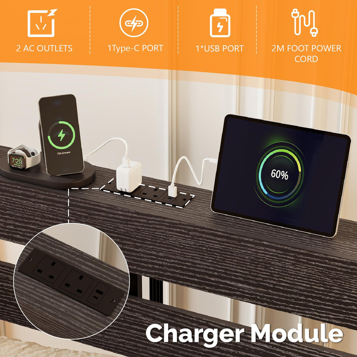 Bonnlo 4ft6 Double Bed Frame with Storage Headboard & LED Lights, 135x190cm, Metal Bed Frame with Charging Station (USB/Type-C/2 Outlets)