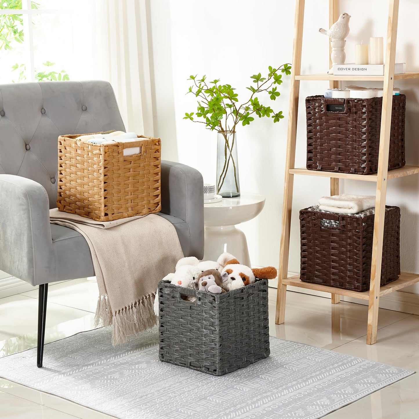 Mangata 28 cm Storage Cube Boxes for 30 cm Closet, Rattan Effect Storage Baskets, Wicker Woven Polyrattan Material Closet Organizer, 28x28x28 cm
