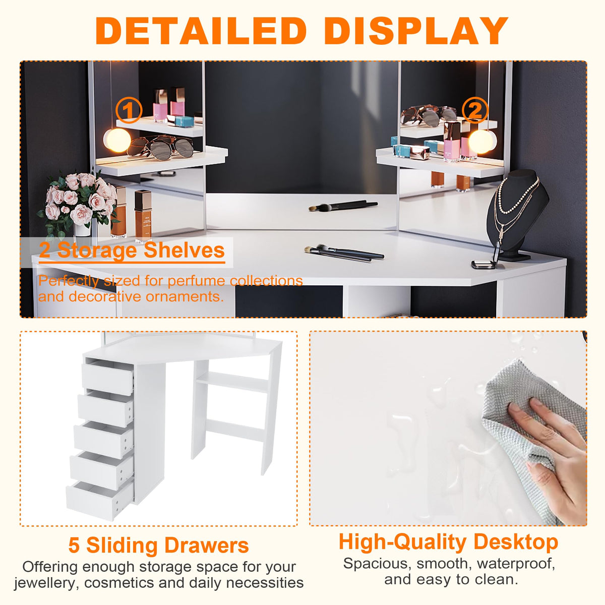 ELEGANT Corner Dressing Table with Mirror and 5 Drawers, 54x111x142cm