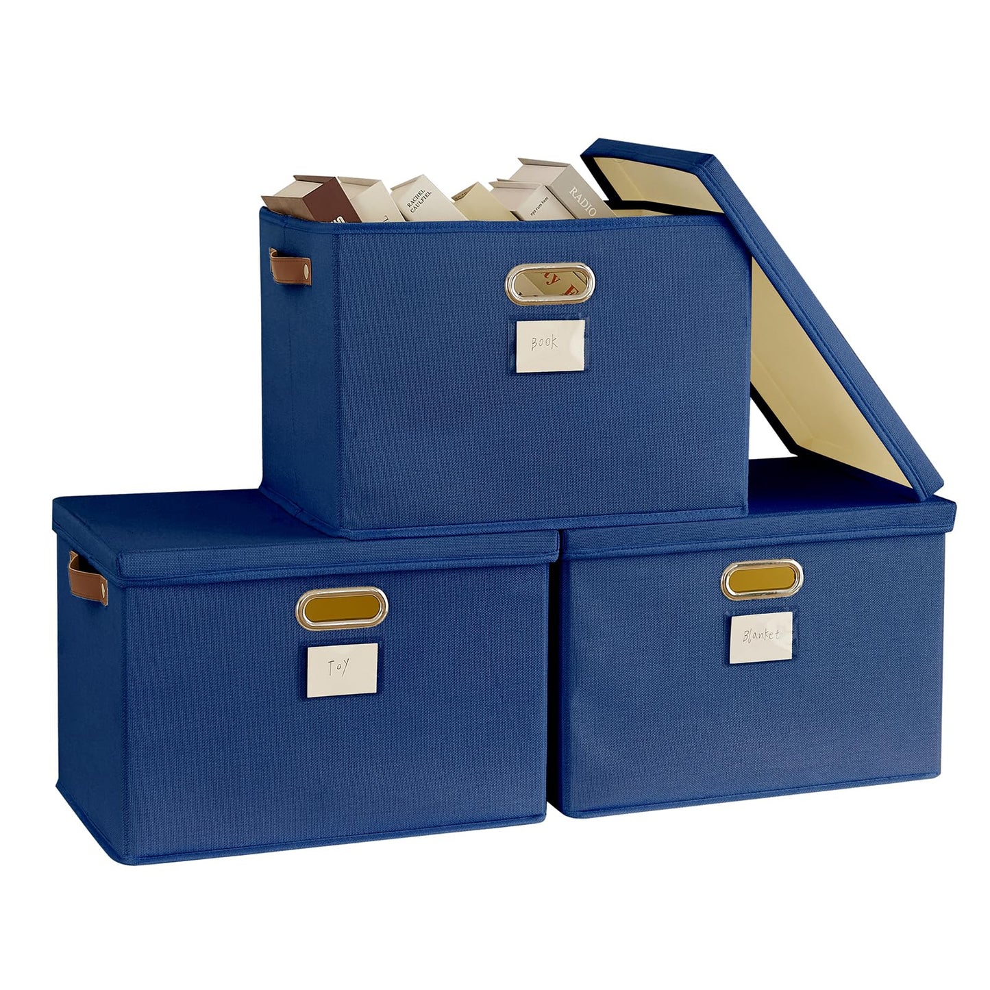 Bagnizer Storage Boxes with Lids 3PCS Foldable Fabric Storage Boxes Large Stackable Storage Baskets for Shelves Storage Box for Clothes Wardrobe Navy