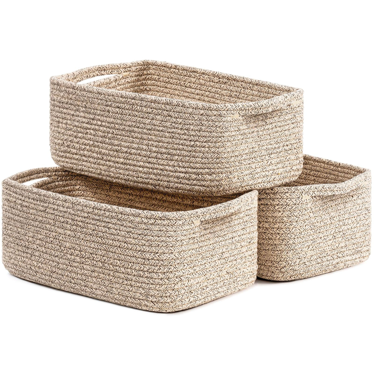 TIMEYARD 3 Pack Woven Rope Storage Basket Shelf Organiser White Brown