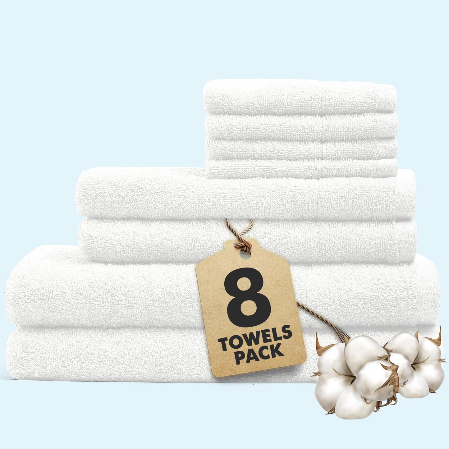 Novo Home Bath Towels Set of 8 ? 100% Cotton White Towel Set Bale Includes 2 Bath, 2 Hand, 4 Face Towels ? Soft, Absorbent & Quick Dry Towel for