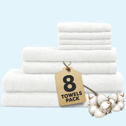 Novo Home Bath Towels Set of 8 ? 100% Cotton White Towel Set Bale Includes 2 Bath, 2 Hand, 4 Face Towels ? Soft, Absorbent & Quick Dry Towel for