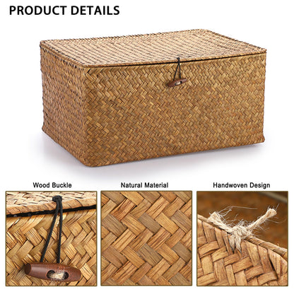 IGNPION Seagrass Storage Basket with Lid,Wicker Woven Shelf Basket,Caramels