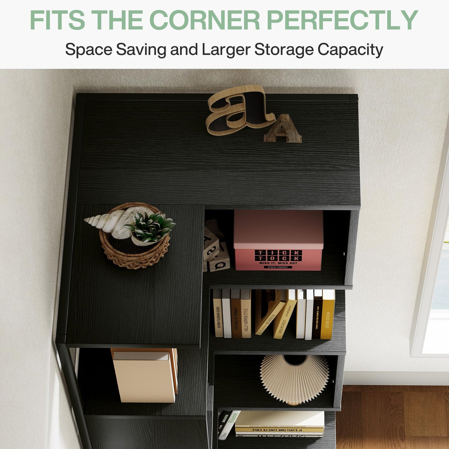 Tribesigns Corner Bookshelf Unit 180 cm, 6-Tier Floor Standing Bookcase, Tall Corner Shelf Storage Display Rack with Metal Frame for Living Room Home