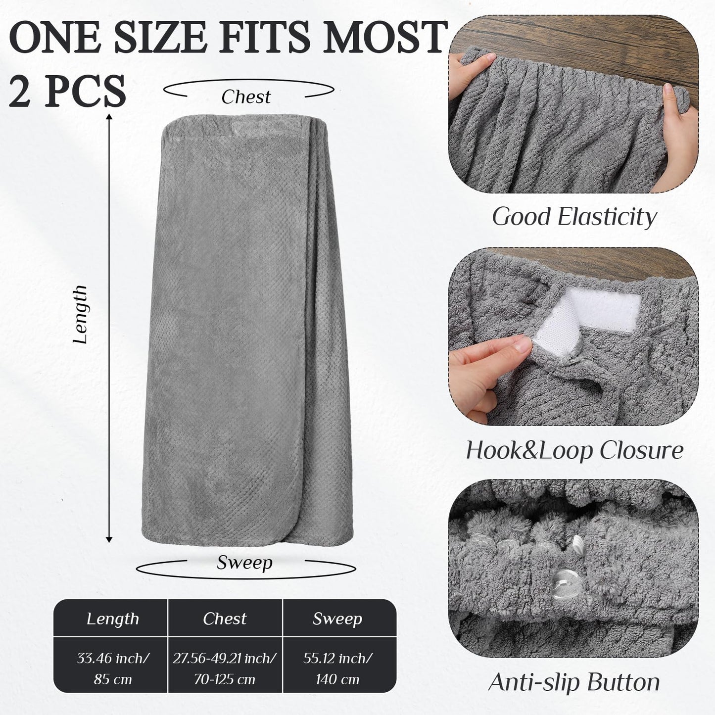 SATINIOR 2 Pcs Towel Wrap for Women Lightweight Spa Robe with Adjustable Closure Elastic Top Soft Bathrobe Spa Wrap (Gray)