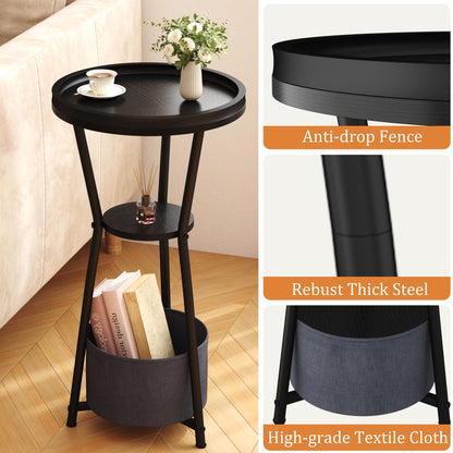 Yusong Round Side Table, Small Drink Table for Small Spaces, 3-Tier Industrial End Table, Accent Nightstand Bedside Table for Living Room, Bedroom