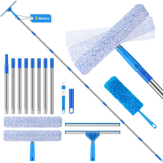 COZCLAM 3m Window Squeegee Cleaner Kit with Extendable Pole, 3 in 1 Interchangeable Squeegee, Srubber and Duster, Telescopic Window Cleaner Tool with