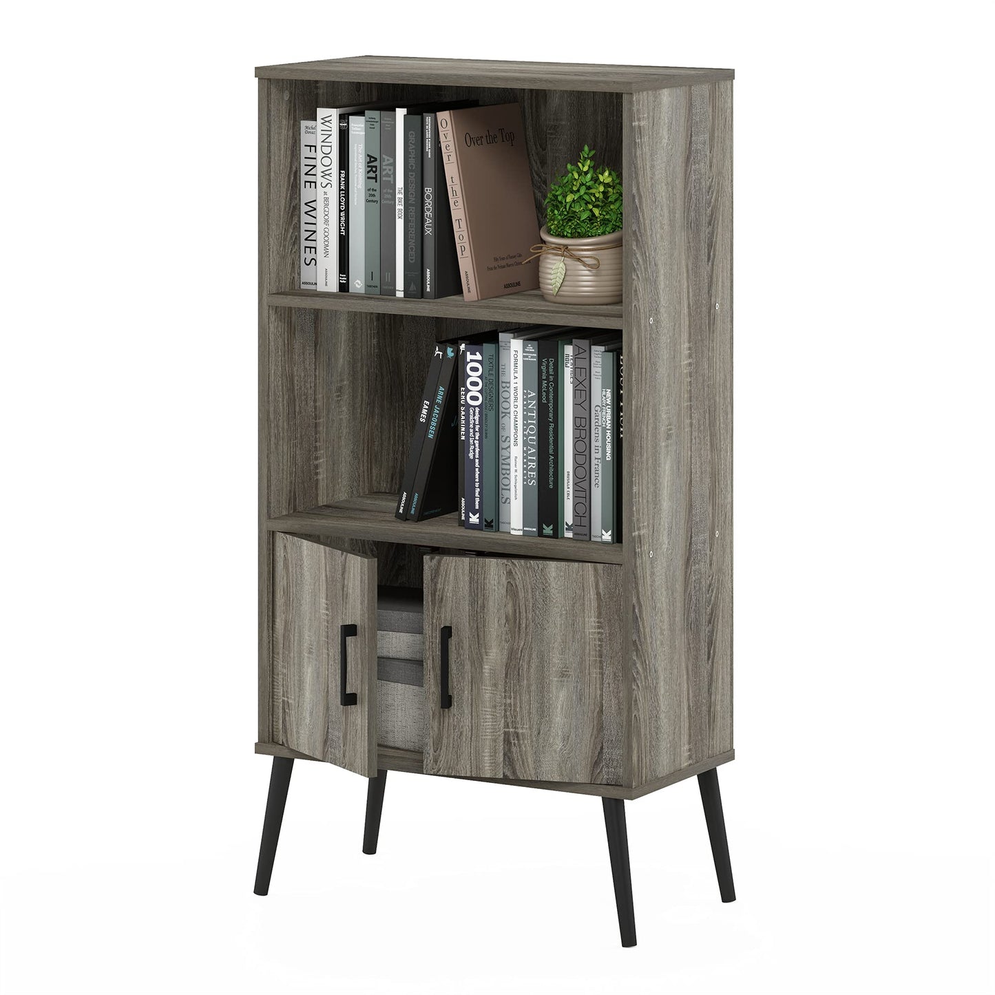 Furinno MIDCENTURY Storage Shelves, Storage Cabinet with Doors and Shelves, Bookshelf with Legs, for Living Room, Home Office, Grey Oak