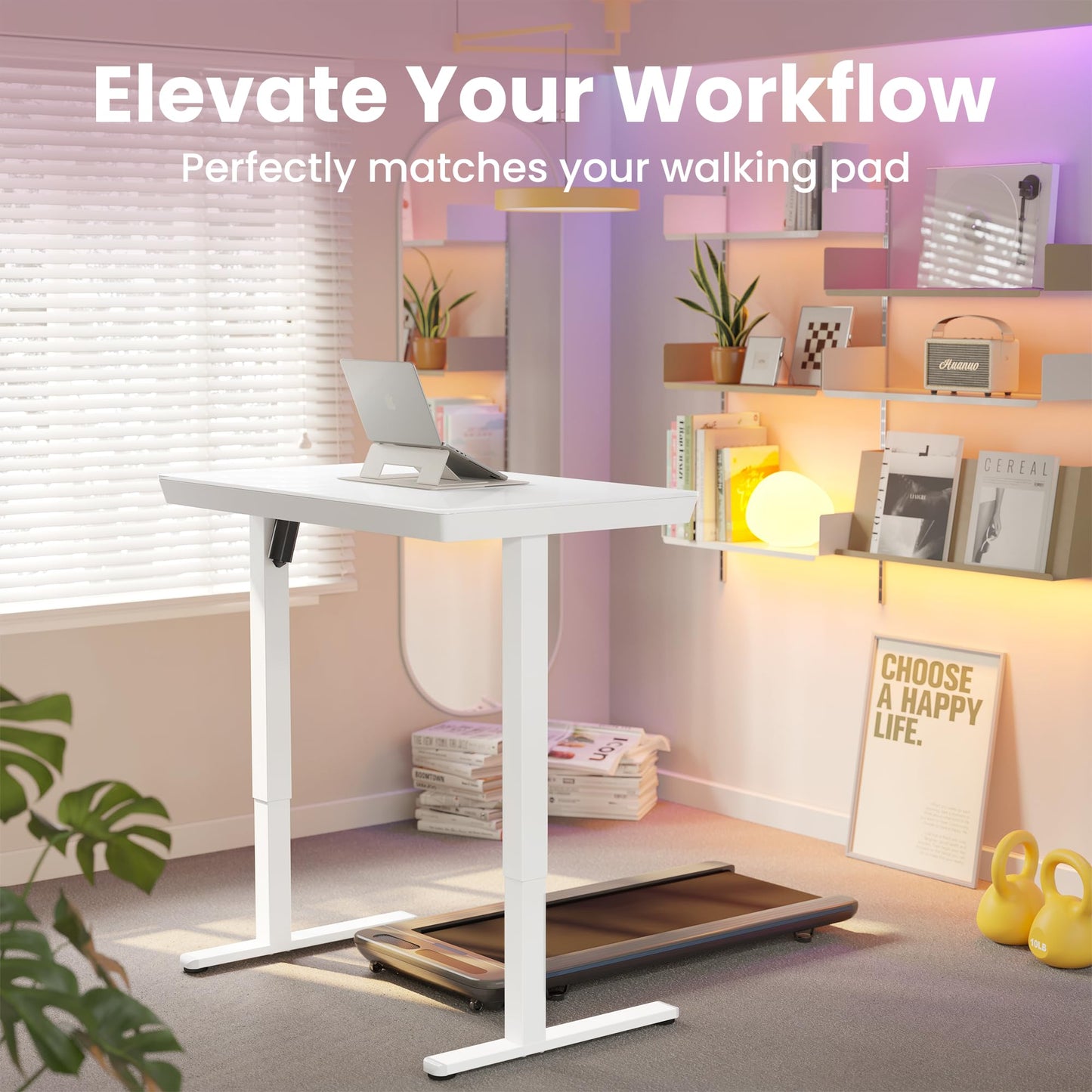 HUANUO ONE PIECE Standing Desk with Drawer, 88x50cm, White Glass