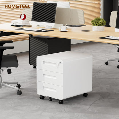 HOMSTEEL Mobile File Cabinet, Metal Filing Cabinet with Lock, 4 keys, 3 Drawers, Rounded Corner, Pre-assembled, for Office, Home office, White