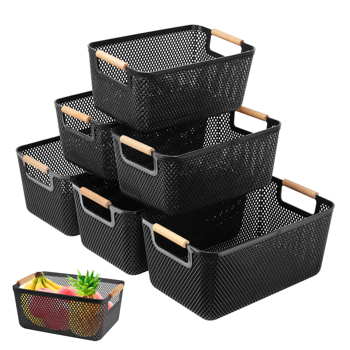 6 Pack Black Plastic Mesh Storage Baskets, Storage Box with Wooden Handles