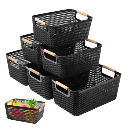 6 Pack Black Plastic Mesh Storage Baskets, Storage Box with Wooden Handles