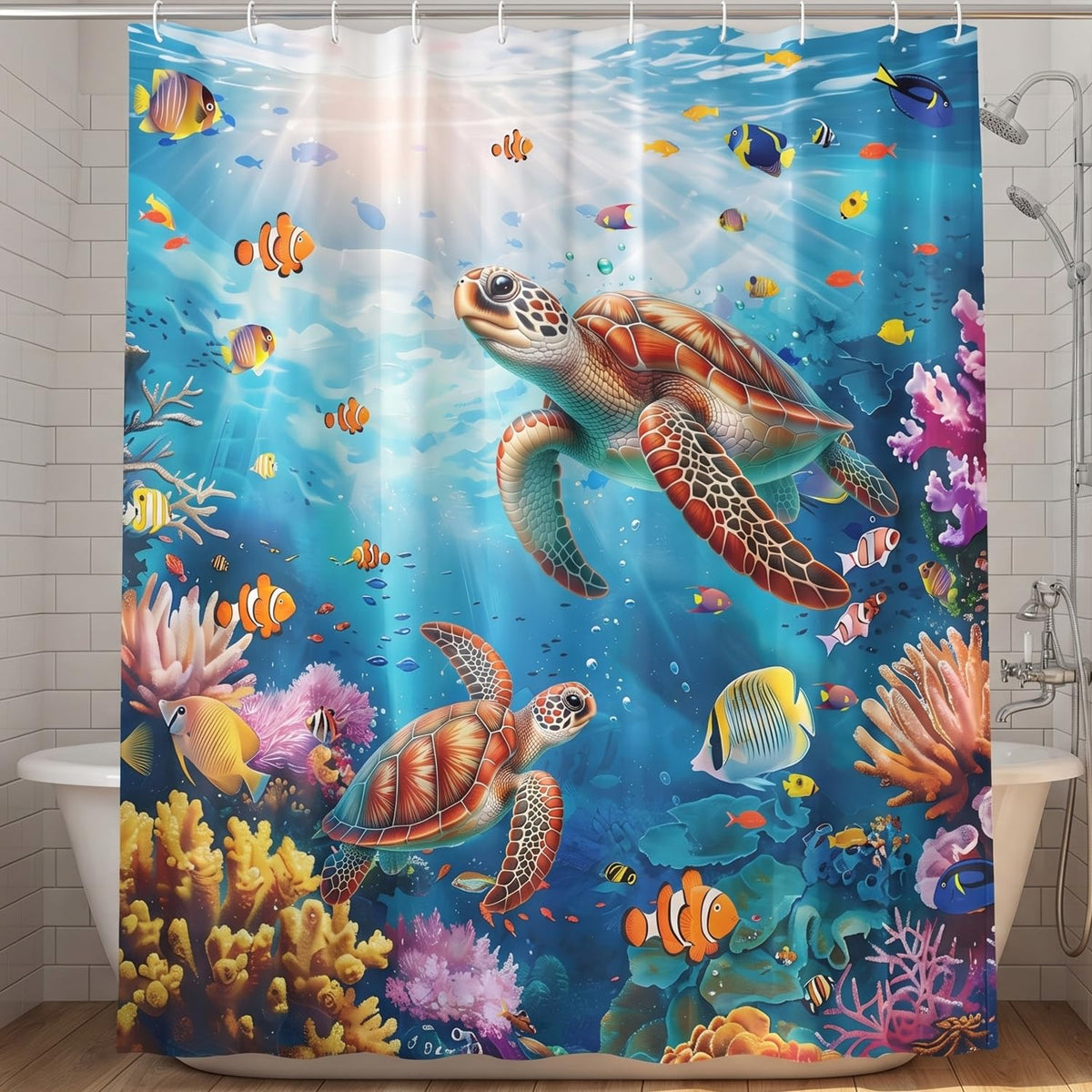 Luvart Shower Curtains for Bathroom, Sea Turtles Waterproof Shower Curtain 180 X 180 cm, Ocean Tropical Fishes Bath Curtain with Hooks Bathroom Decor
