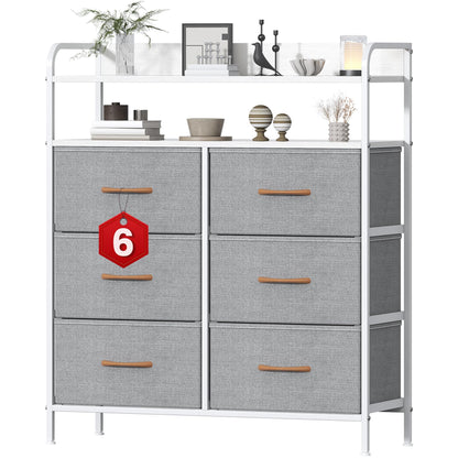 Feonase 6 Drawer Fabric Chest Of Drawers, Double Wooden Top Fabric Storage Tower - Sturdy Steel Frame Dresser for Bedroom/Living Room/Baby Room