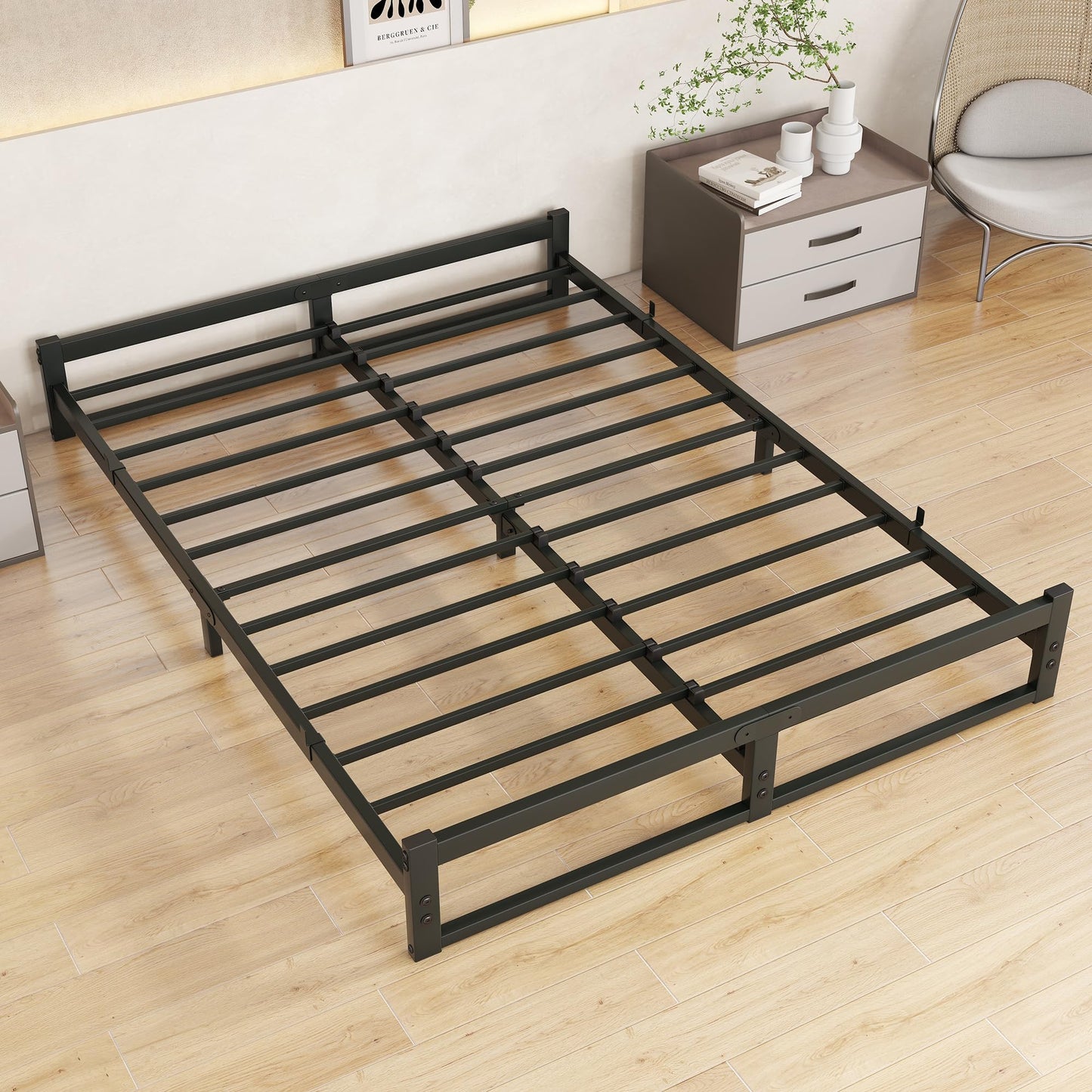VECOCHO King Size Bed Frame,5ft Floor Bed Frame King Size Bed Base with Steel Slats,Heavy Duty Metal Platform Low Bed King Beds 150x200 cm,Mattress