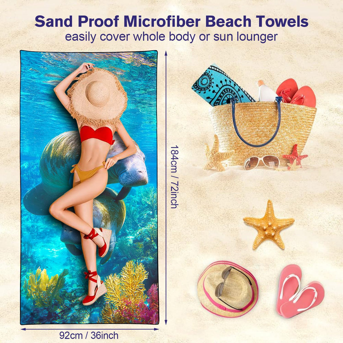 Violetpos Double Manatee Beach Towel, Extra Large 180x90 cm 250GSM Microfibre, Sand Free Quick Dry