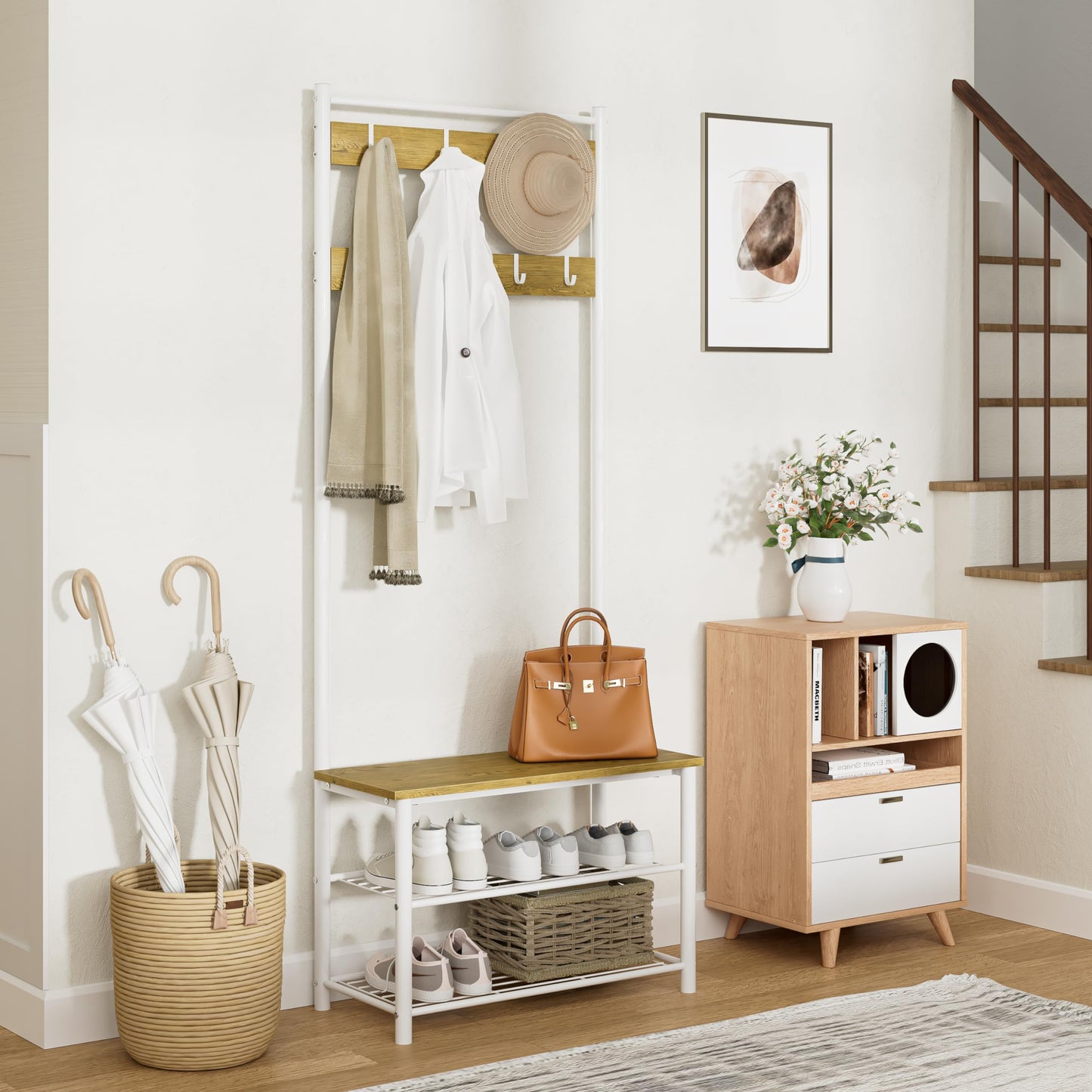 HEYZOEY Coat Stand, Coat Rack with Shoe Storage, 3-in-1 Freestanding Wooden Coat Rack with Shoe Bench and ShoeRack