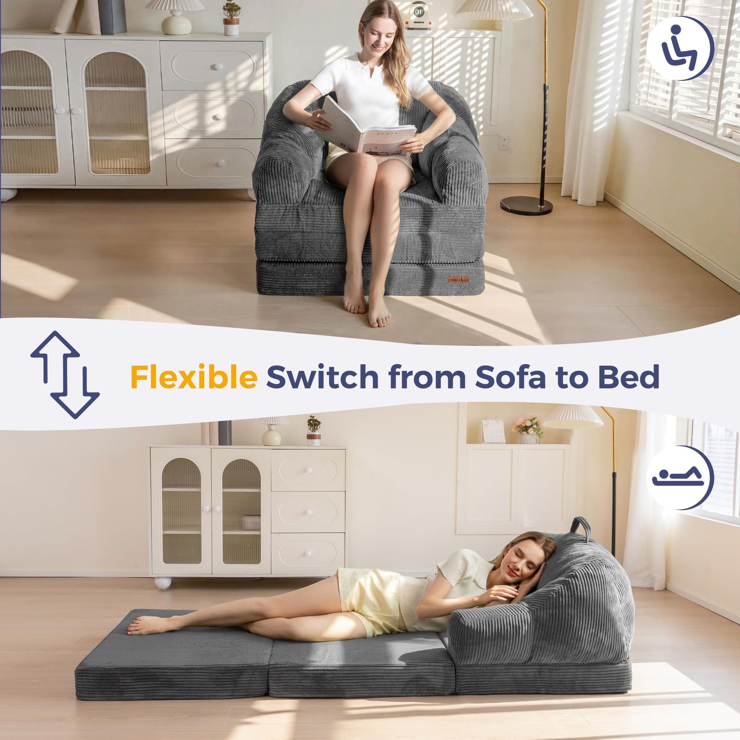 MAXYOYO Folding Sofa Bed with Backrest, Boneless Fold Out Couch Bed with Handle, 2 in 1 Convertible Bean Bag Chair to Floor Sofa Lounger