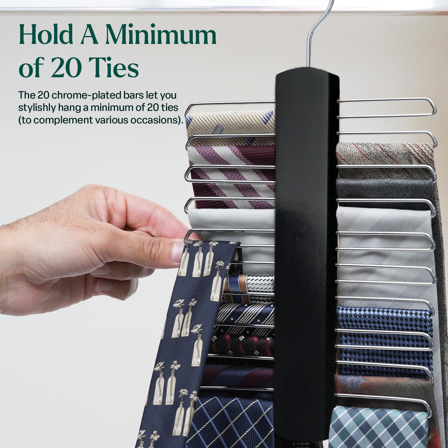 Tie Hanger Wooden Hangers Wardrobe Tie Organiser - Stylish Hanging Storage Rack With 20 Chrome Bars With Swivel Hook for Tie, Belt