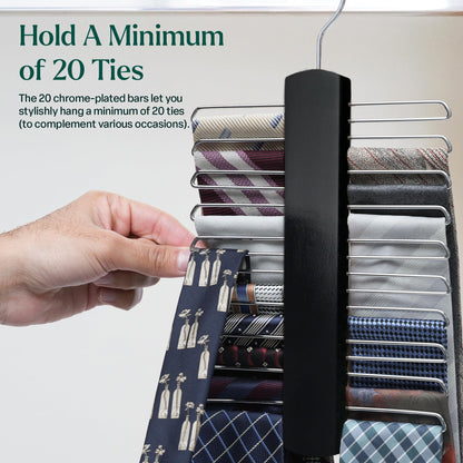 Tie Hanger Wooden Hangers Wardrobe Tie Organiser - Stylish Hanging Storage Rack With 20 Chrome Bars With Swivel Hook for Tie, Belt