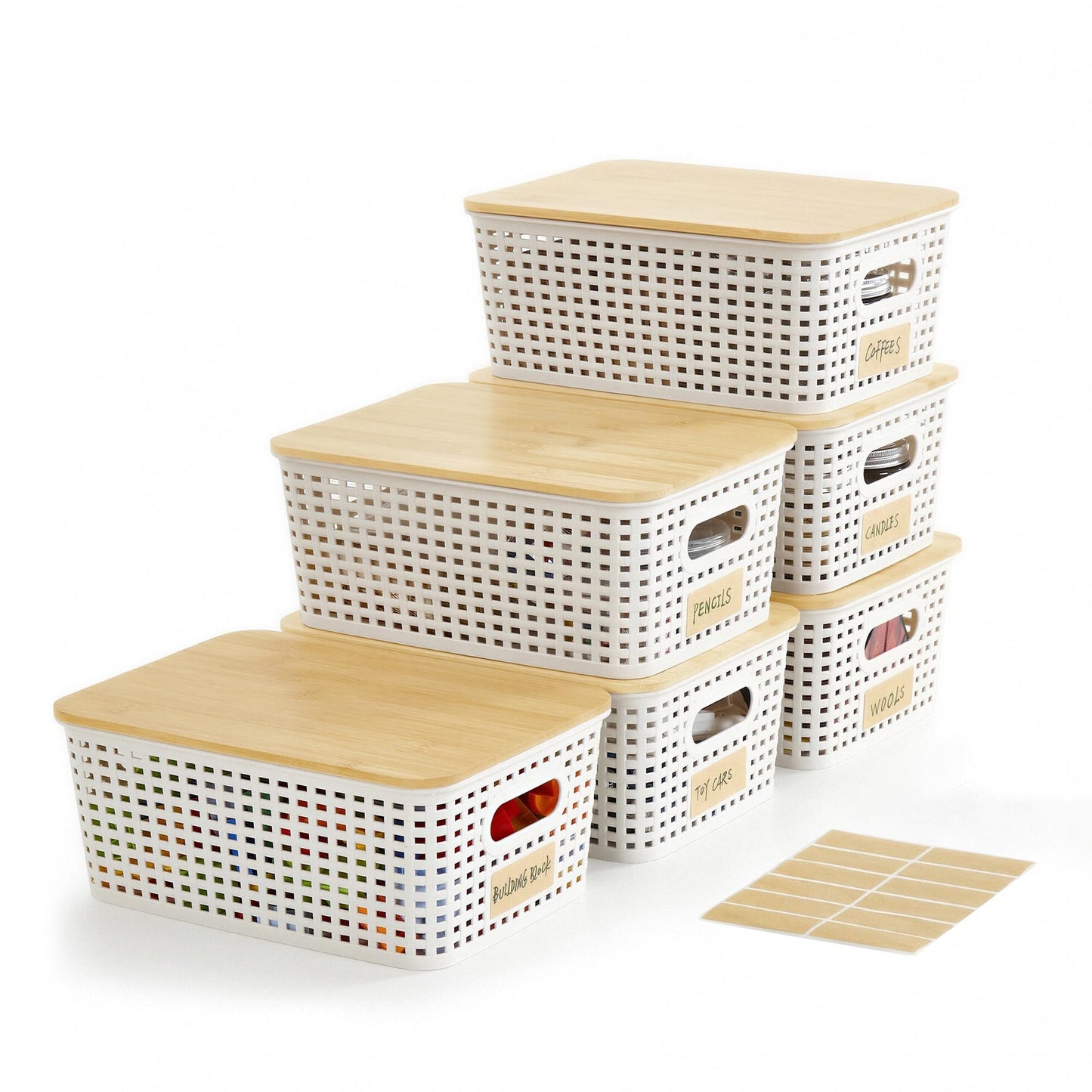 Bagnizer Small Plastic Storage Bins with Bamboo Lids, 5.2qt, 6 Packs