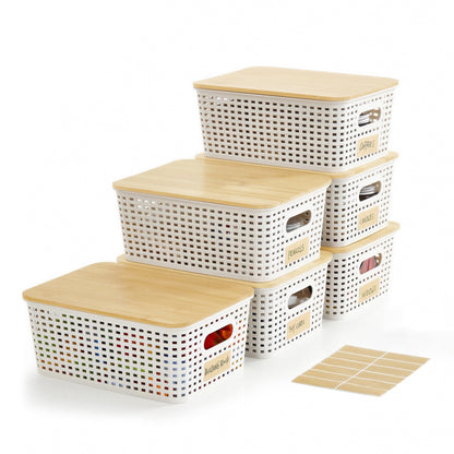 Bagnizer Small Plastic Storage Bins with Bamboo Lids, 5.2qt, 6 Packs