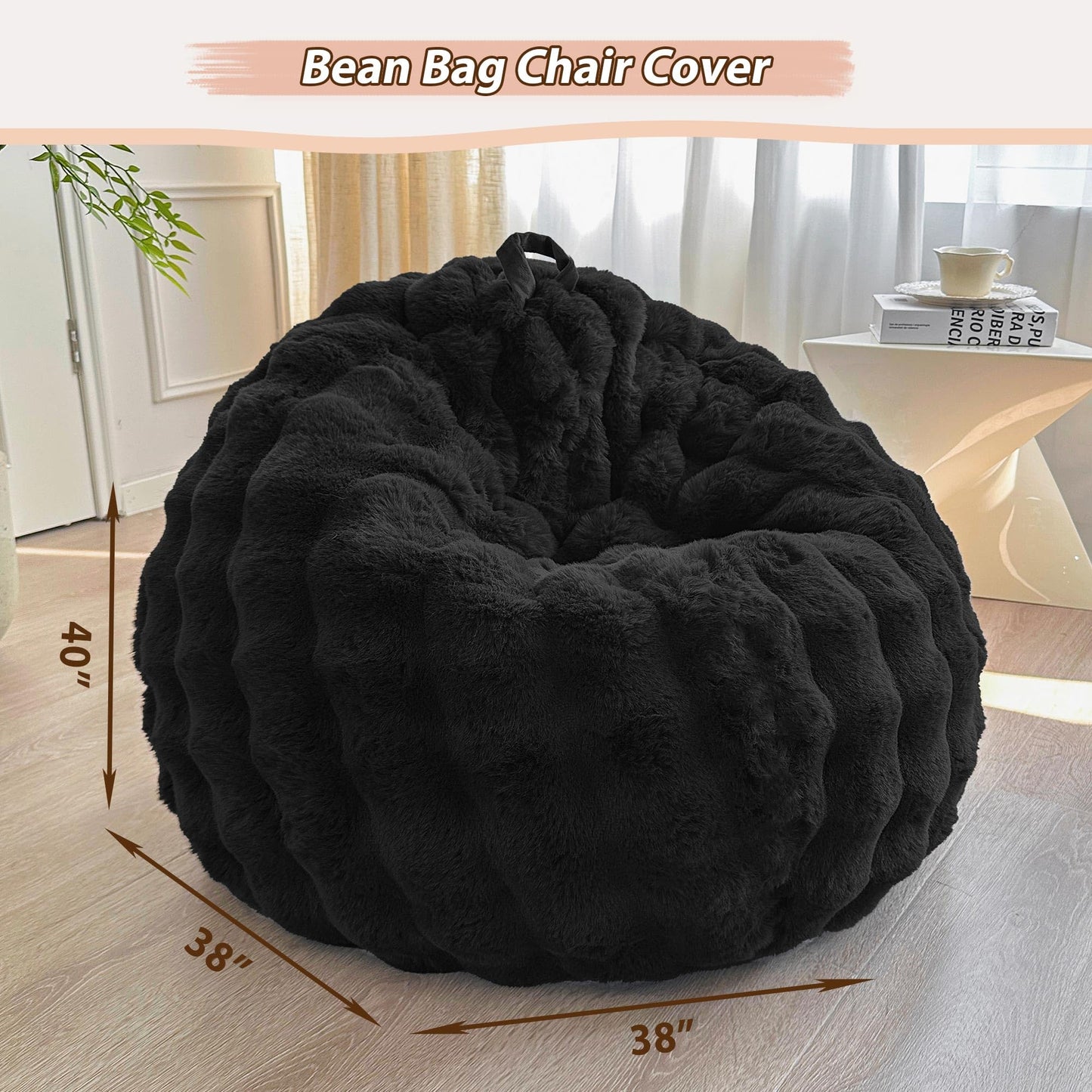 LIFEREVO 3FT Fluffy Faux Rabbit Fur Bean Bag Chair Cover, No Filler, Black