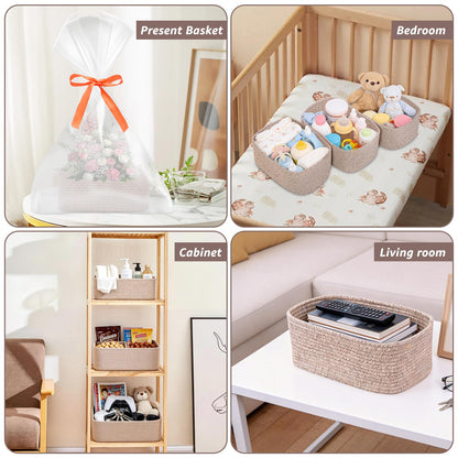 Set of 3 Storage Baskets for Shelves & Nursery, Cotton Rope Woven Basket with Hidden Handle, Empty Baby Gift Baskets