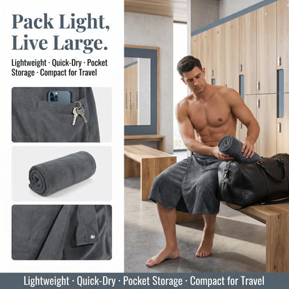 HUANYO Men's Bath Towel Wrap with Pocket – Adjustable, Super Absorbent Towel Skirt for Home, Gym, Spa, Beach & Pool (Grey)