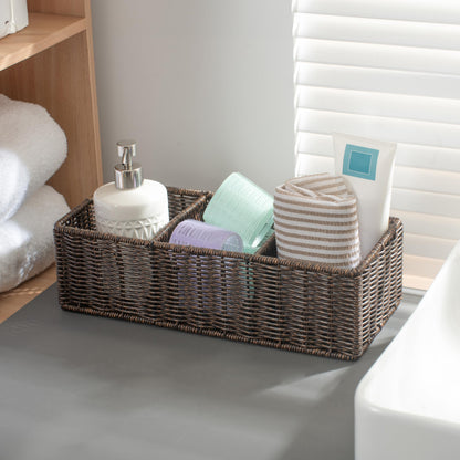 myHomeBody Wicker Basket With 3 Compartments, Bathroom Caddy, Rustic Brown