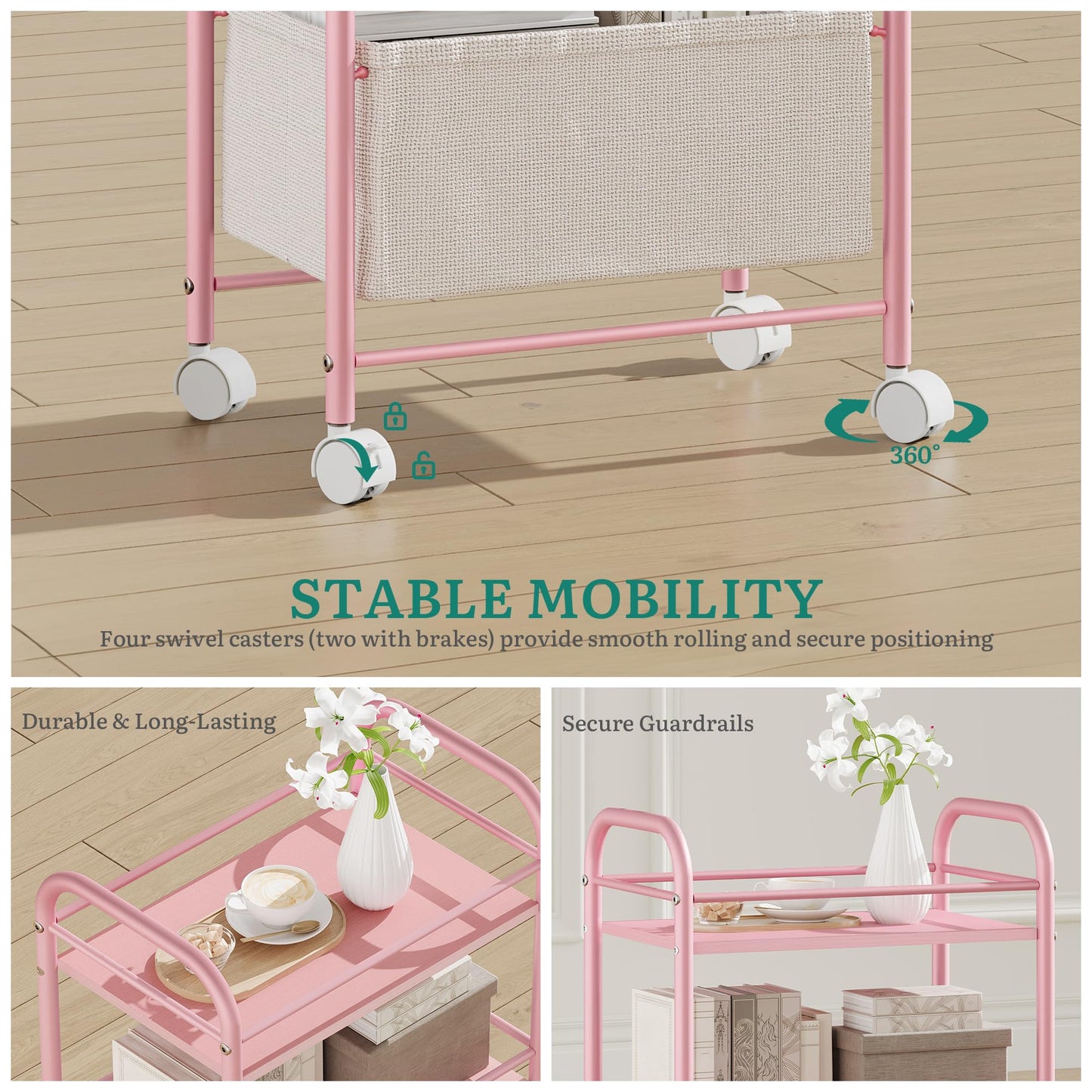 YITAHOME pink metal trolley on wheels, 3 Tier kitchen trolley, storage trolly with Woven Basket, Lockable Wheels, Handle, book cart for office