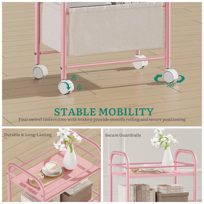 YITAHOME pink metal trolley on wheels, 3 Tier kitchen trolley, storage trolly with Woven Basket, Lockable Wheels, Handle, book cart for office