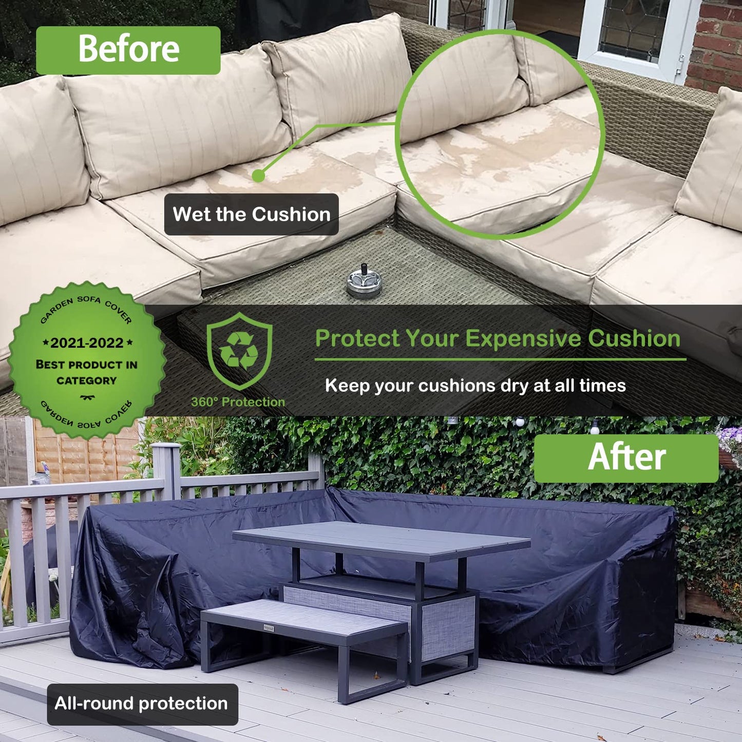 Enzeno Garden V-Shape Furniture Cover Waterproof, 420D Heavy Duty Oxford Fabric Outdoor Rattan Corner Sofa Cover with Waterproof Tape (255 * 255 *
